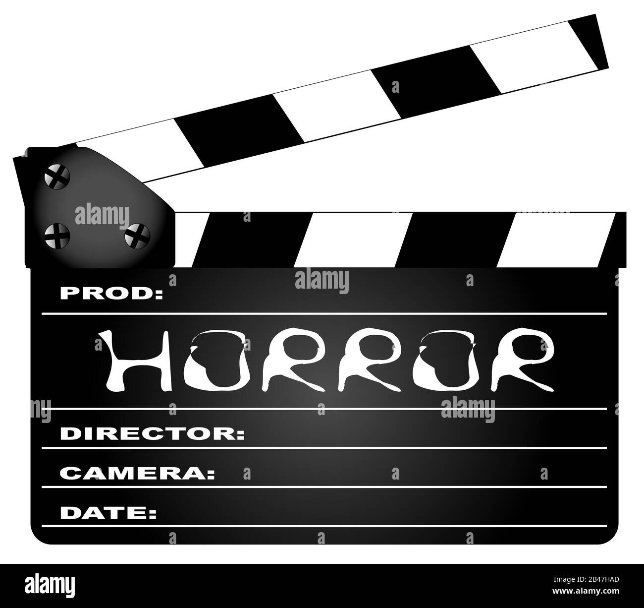 Un clapperboard typique de film avec la légende Horror isolé sur blanc. Illustration de Vecteur