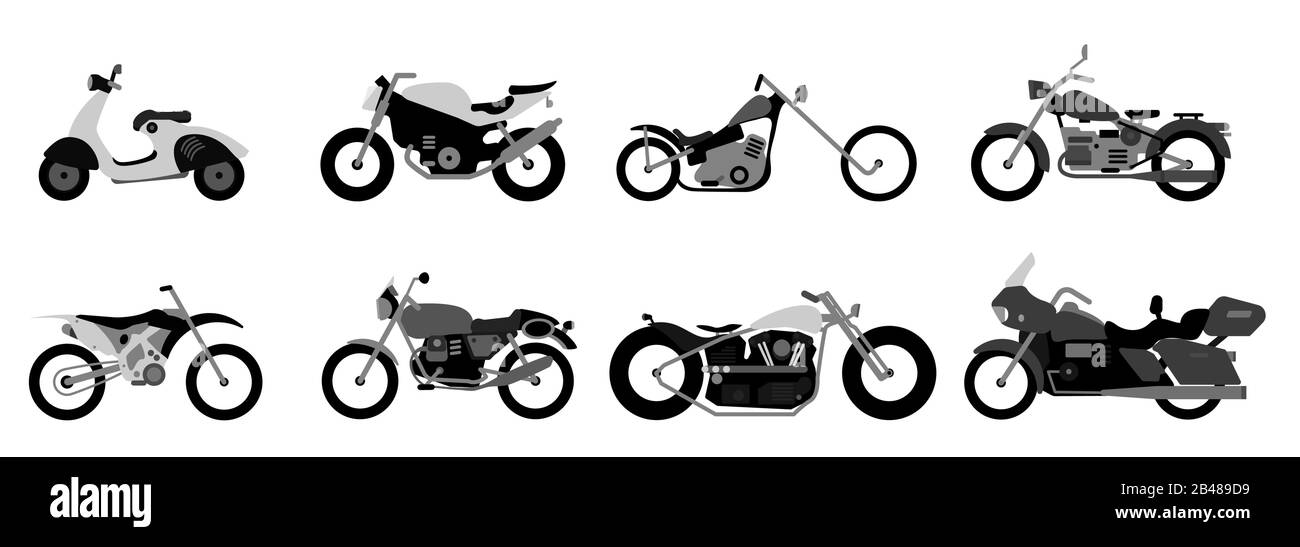 Ensemble de moto ou moto, vélo ou cycle extrême. Scooter de rue rétro et vélo ou cyclomoteur moderne. Transports de collection pour la course sur route. Illustration de Vecteur