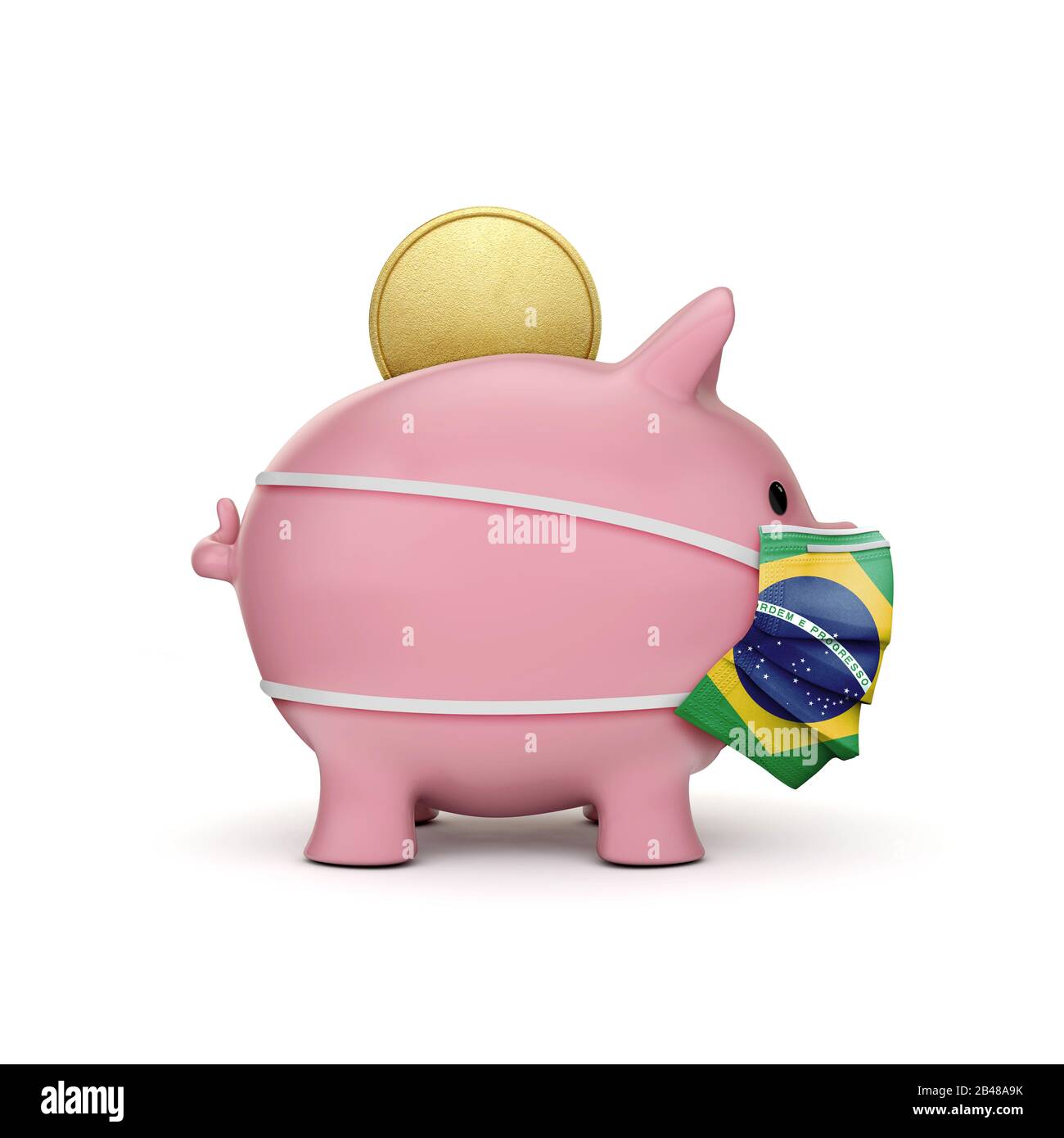 Brésil économies dans le domaine de la santé. Banc de porc avec masque facial. Rendu tridimensionnel Banque D'Images