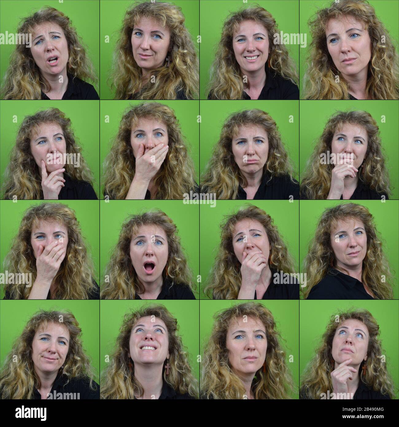 seize expressions faciales différentes d'une femme mûre blonde et courbeuse devant un fond vert neutre Banque D'Images
