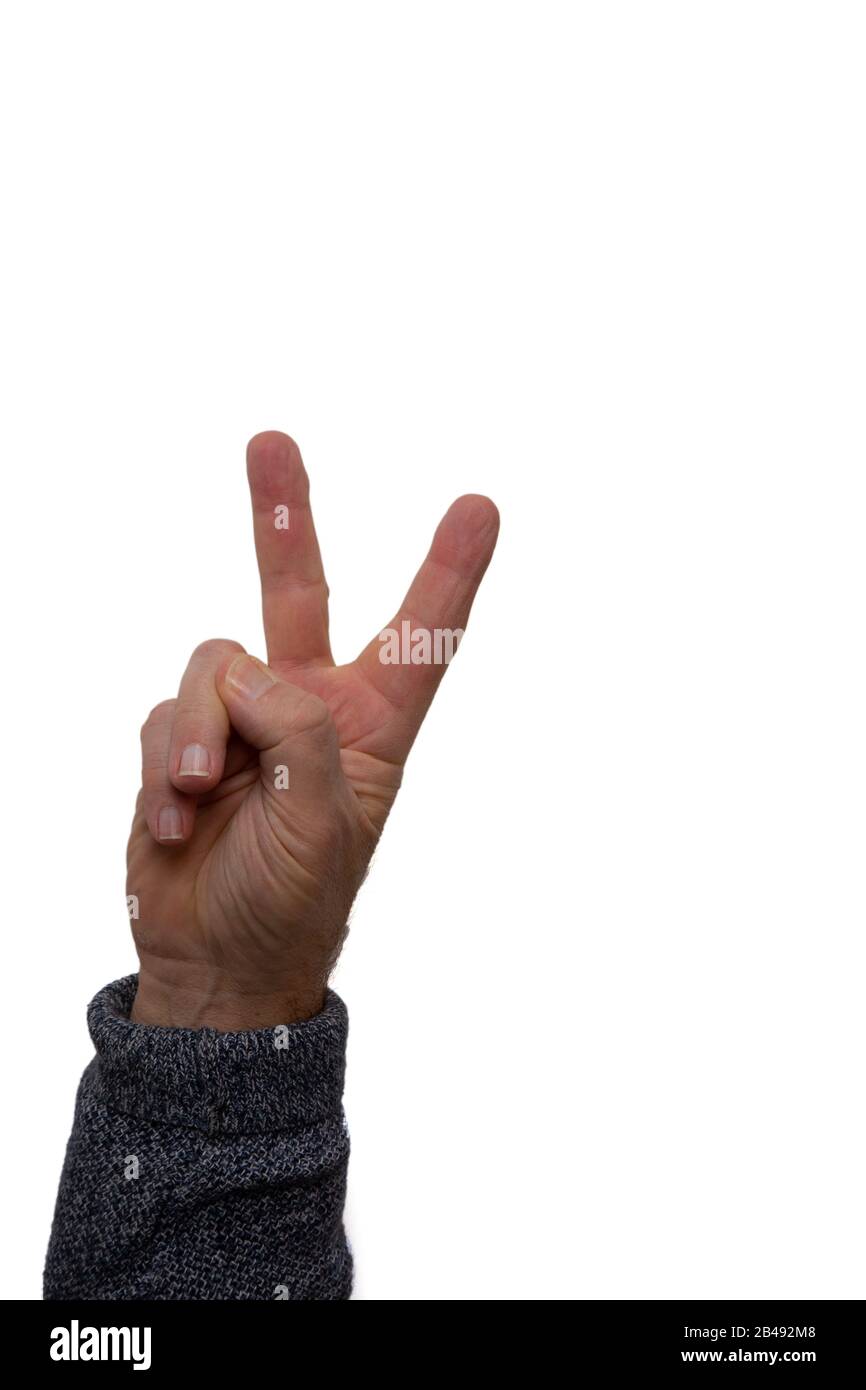 Main masculine avec deux doigts étirés pour signe comme victoire ou paix isolée sur fond blanc, espace de copie Banque D'Images