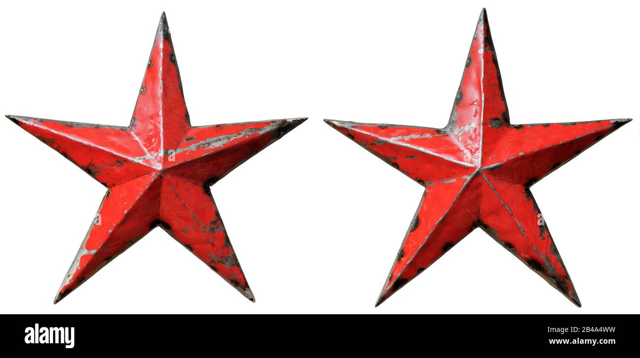 objets isolés: deux vieilles étoiles rouges métalliques, sur fond blanc Banque D'Images