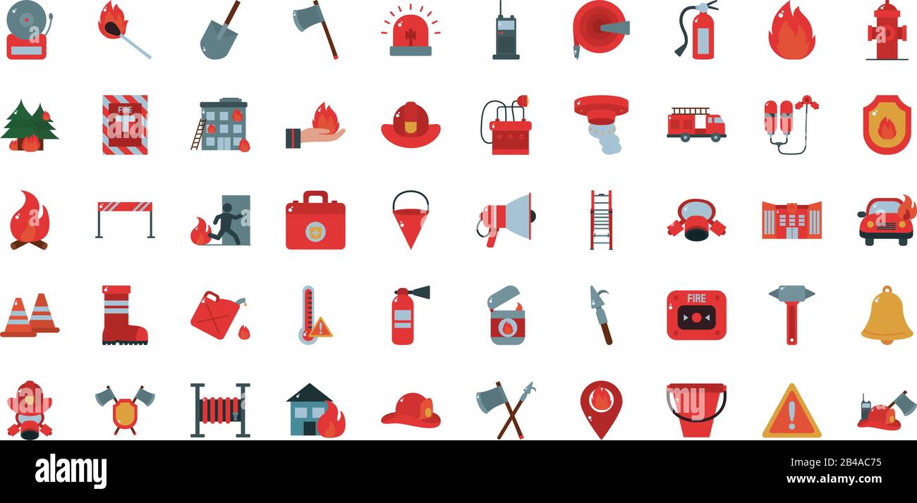 Design de l'ensemble d'icônes de style plat, service de secours d'urgence incendie service 911 danger aider à la sécurité et à l'aide thème illustration vectorielle Illustration de Vecteur