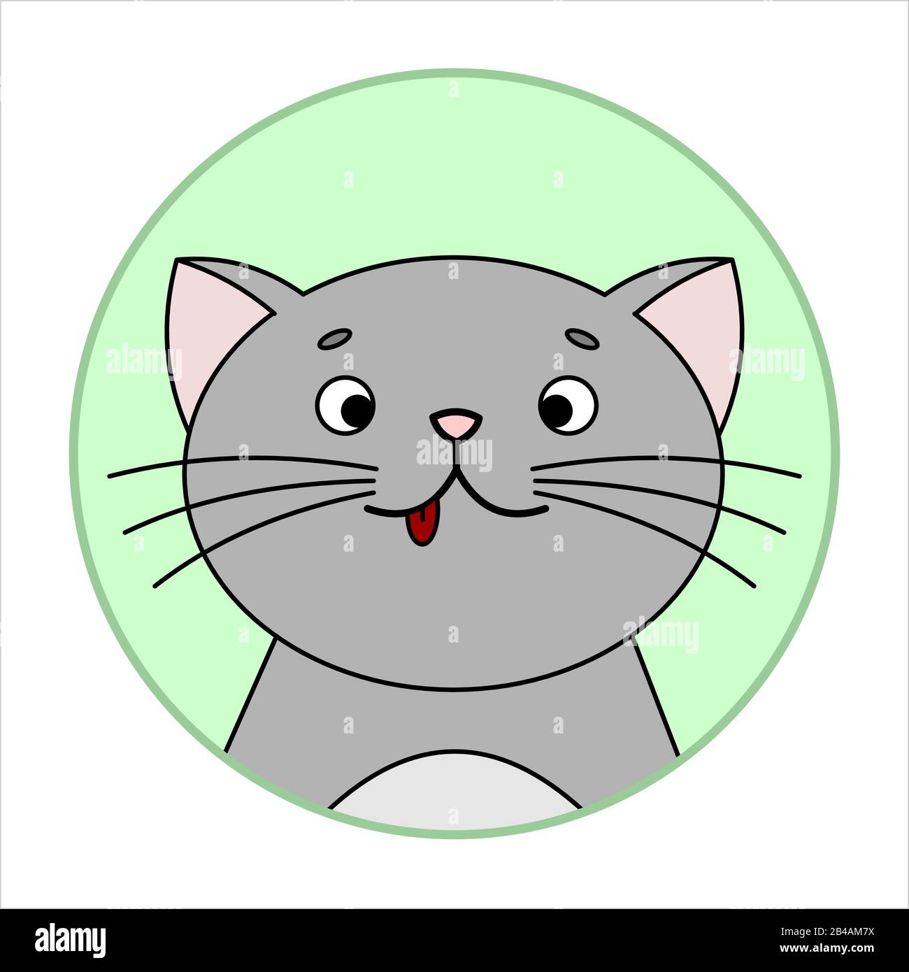 Chat Mignon Surpris, Icône Ronde, Emoji. Le chat gris Avec un Whiskers, Smiles, montre la langue. Image Vectorielle Isolée Sur Un Arrière-Plan Blanc. Illustration de Vecteur