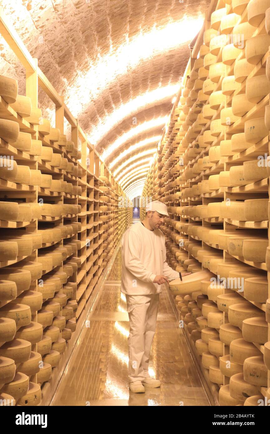 France, Jura, les Rousses, fort des Rousses (Juraflore), cave à maturation pour les comtés installés dans un ancien fort militaire et abritant 140 000 fromages Comte Banque D'Images