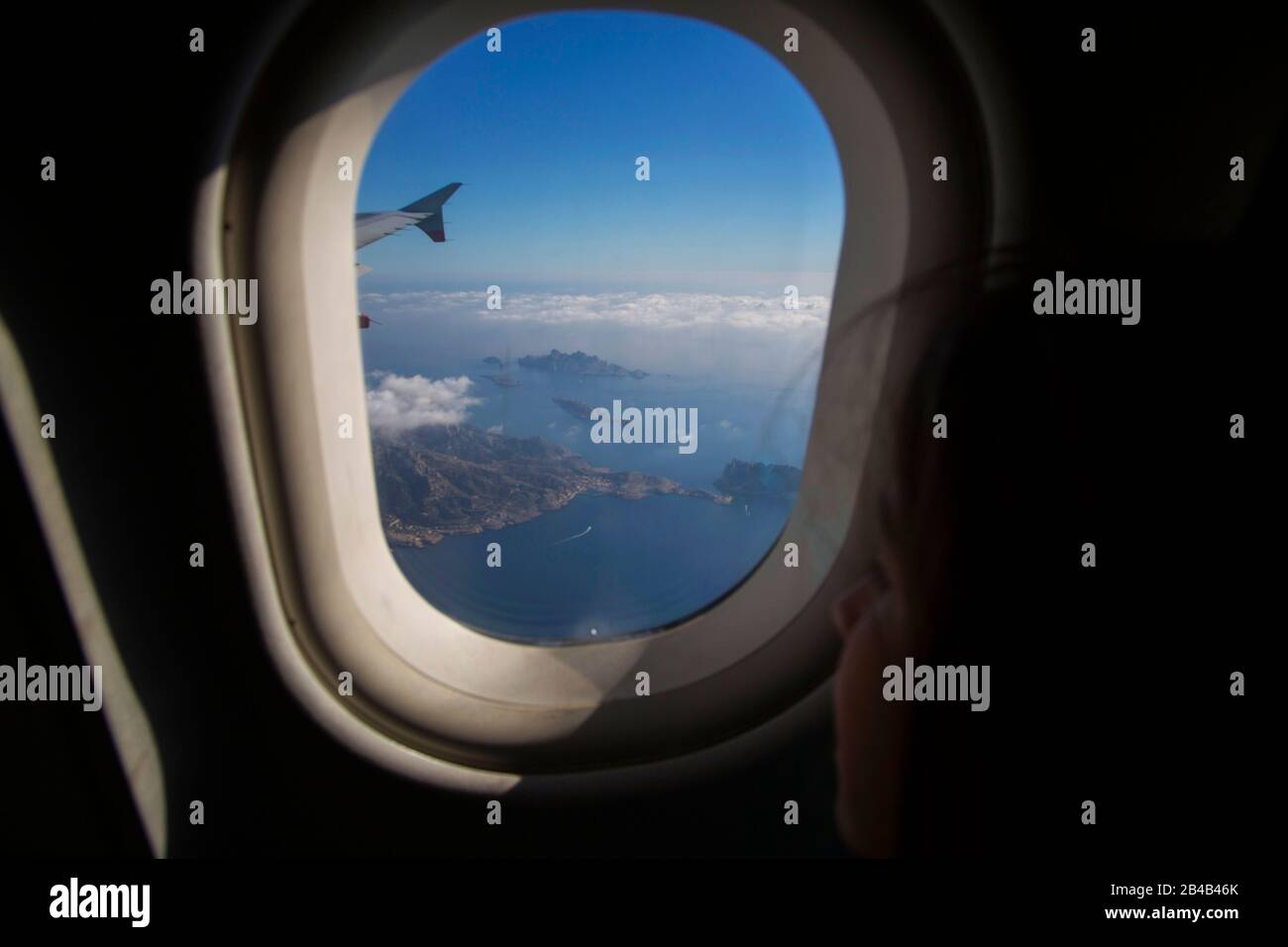 France, Bouches du Rhône, Marseille, les ruisseaux et l'archipel du Riou vu depuis la fenêtre d'un avion (vue aérienne) Banque D'Images