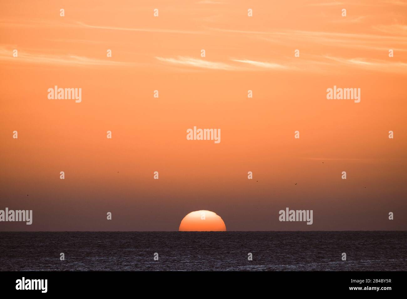 Coucher de soleil tropical classique ou lever de soleil sur l'horizon de la mer avec le soleil et l'eau se touchant ensemble - ciel orange chaud en arrière-plan - destination voyage paradis vacances concept Banque D'Images