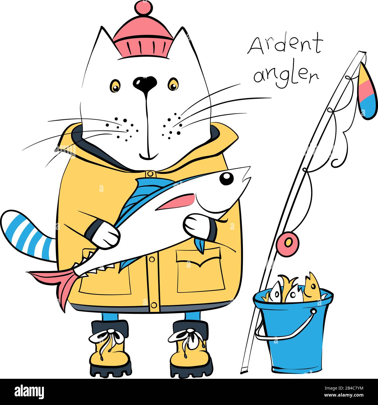 Pêcheur de chat à dessin animé vectoriel, pêcheur à la ligne ardente, dans des vêtements de pêche traditionnels avec un grand poisson, une tige de pêche et un seau avec sa capture Illustration de Vecteur