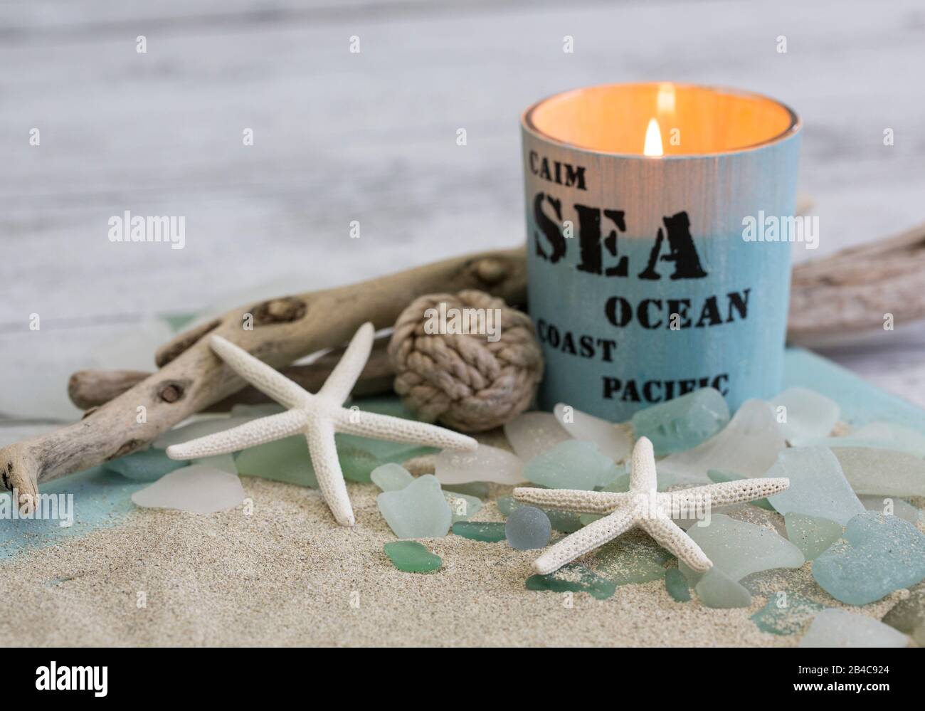 Plage toujours la vie avec bougie, verre de mer, bois de dérive et poisson de mer Banque D'Images Plage toujours la vie avec bougie, verre de mer, bois de dérive et poisson de mer Banque D'Images