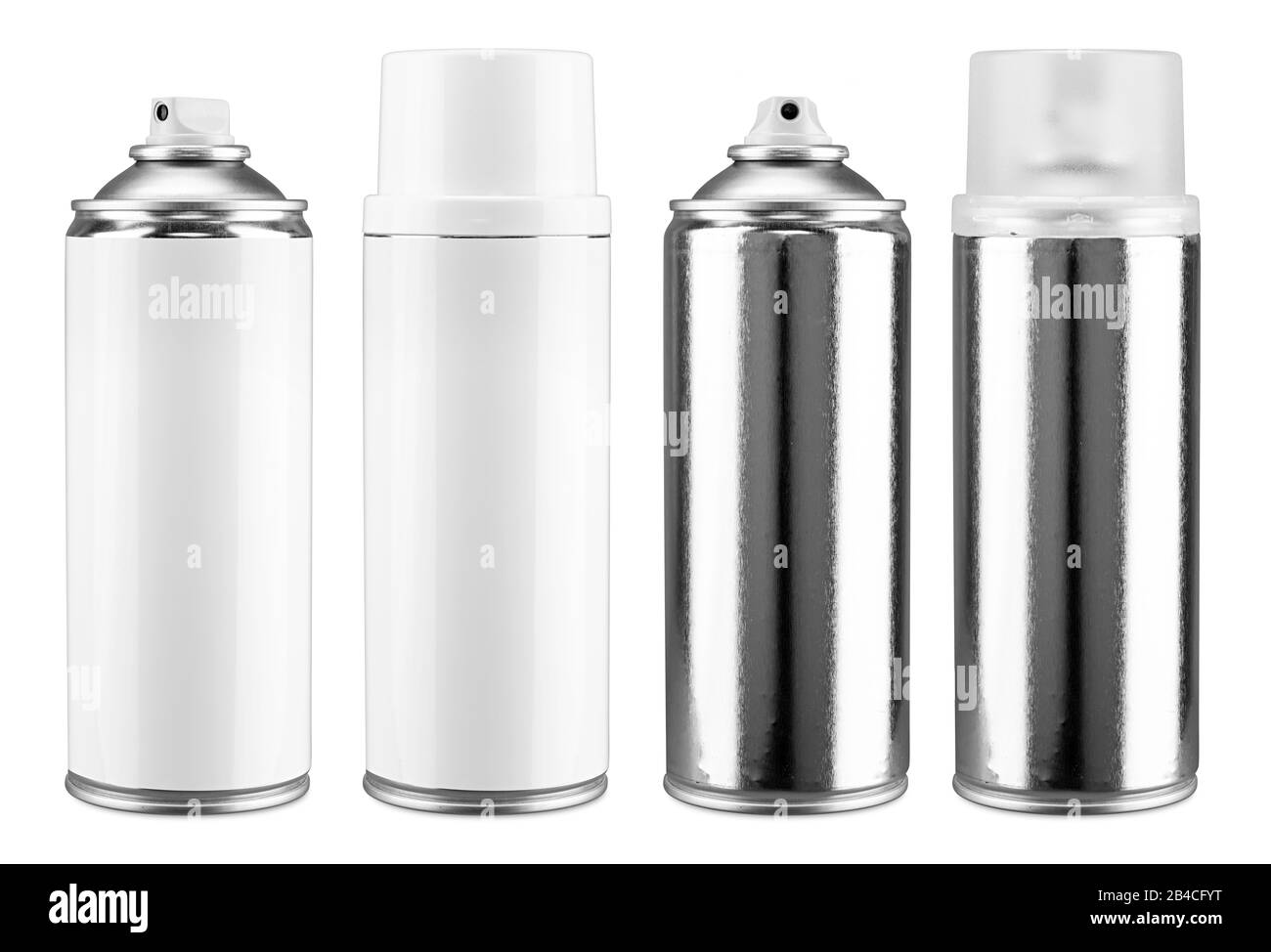 Vaporisez de la peinture sur des bouteilles en argent d'aluminium avec une étiquette blanche pour espace de copie vierge et sans. Le revêtement peut définir la collection isolée sur un fond blanc Banque D'Images