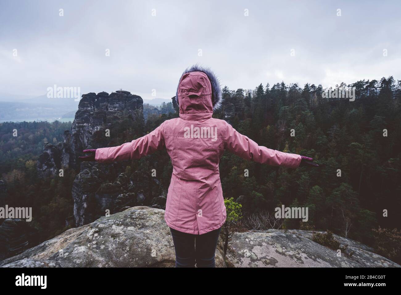 Junge Frau in willicher Kleidung im Freuen, die allein auf einem Berg steht und die Aussicht genießt, Reiselebenstil-Harmoniekonzept, Rückansicht Banque D'Images