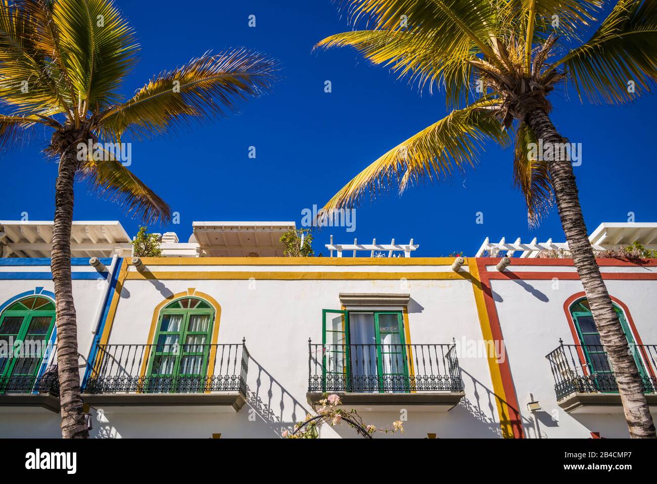 Espagne, Canaries, Gran Canaria Island, Puerto de Mogan, bâtiments et palmiers port Banque D'Images