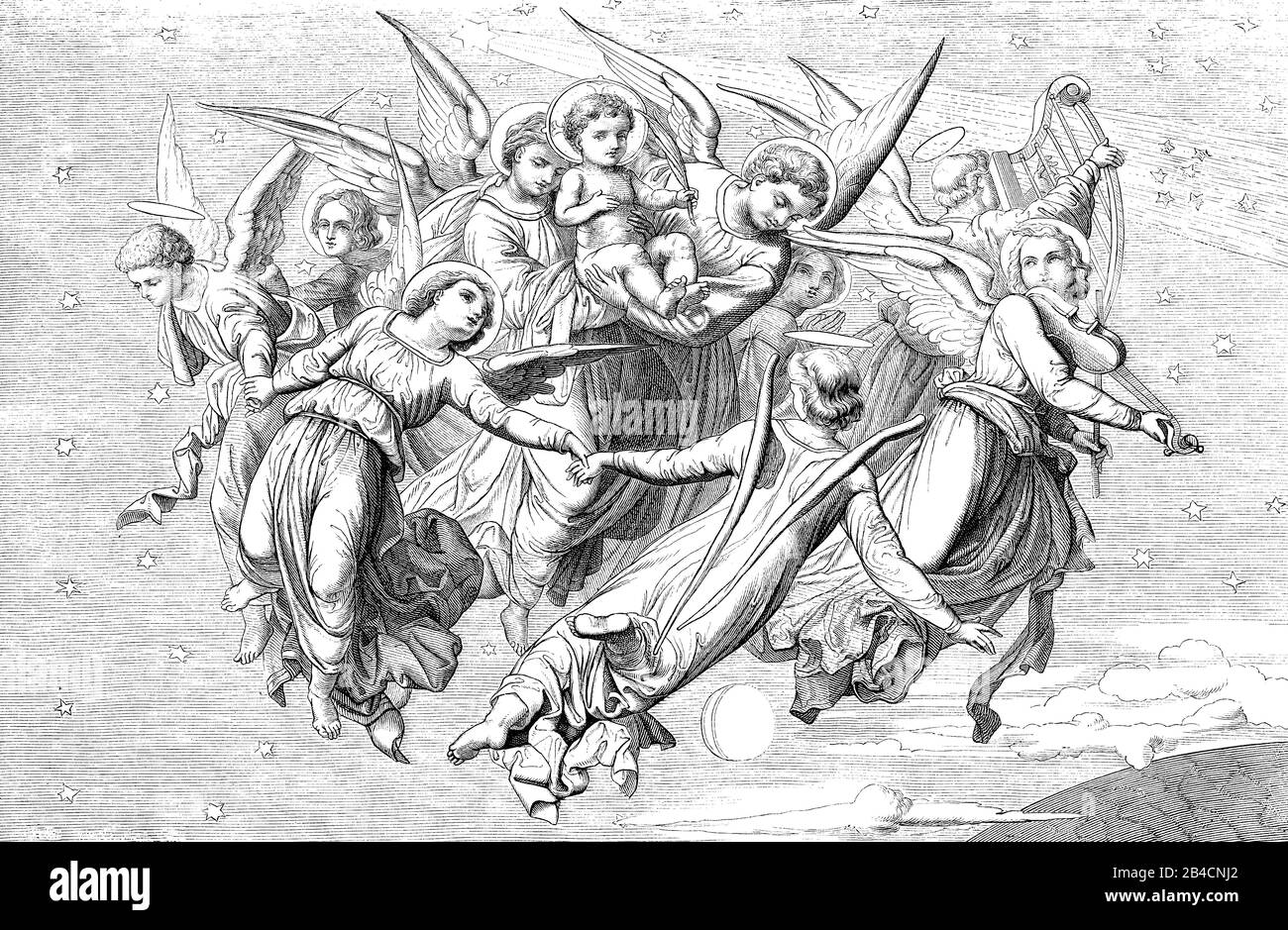 Ascension du bébé Jésus dans le ciel soutenu par des anges volants Banque D'Images