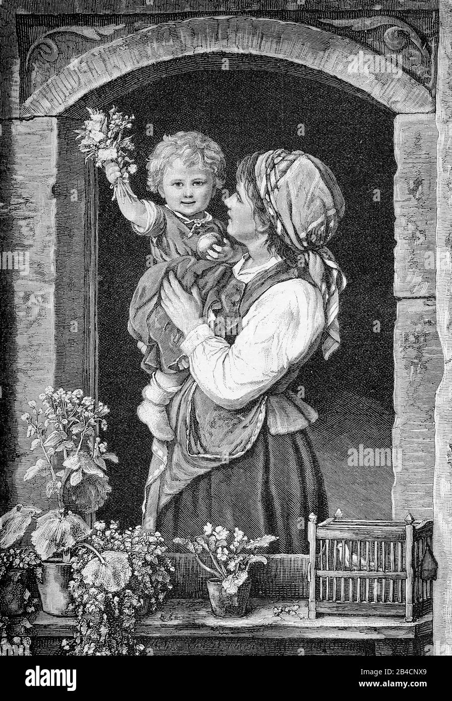 Accueil de bienvenue: Portrait d'un tout-petit tenant un bouquet de fleurs dans les bras de la mère accueillant le père à la maison de la fenêtre Banque D'Images