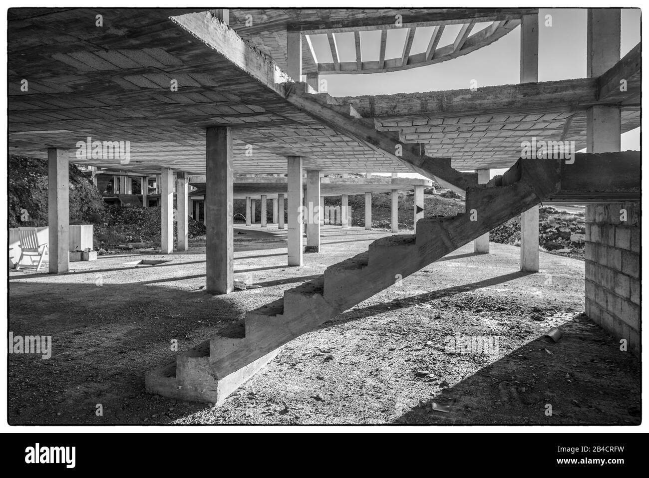 Espagne, Canaries, l'île de Fuerteventura, Costa Calma, abandonnés et non finis les bâtiments de l'hôtel Banque D'Images