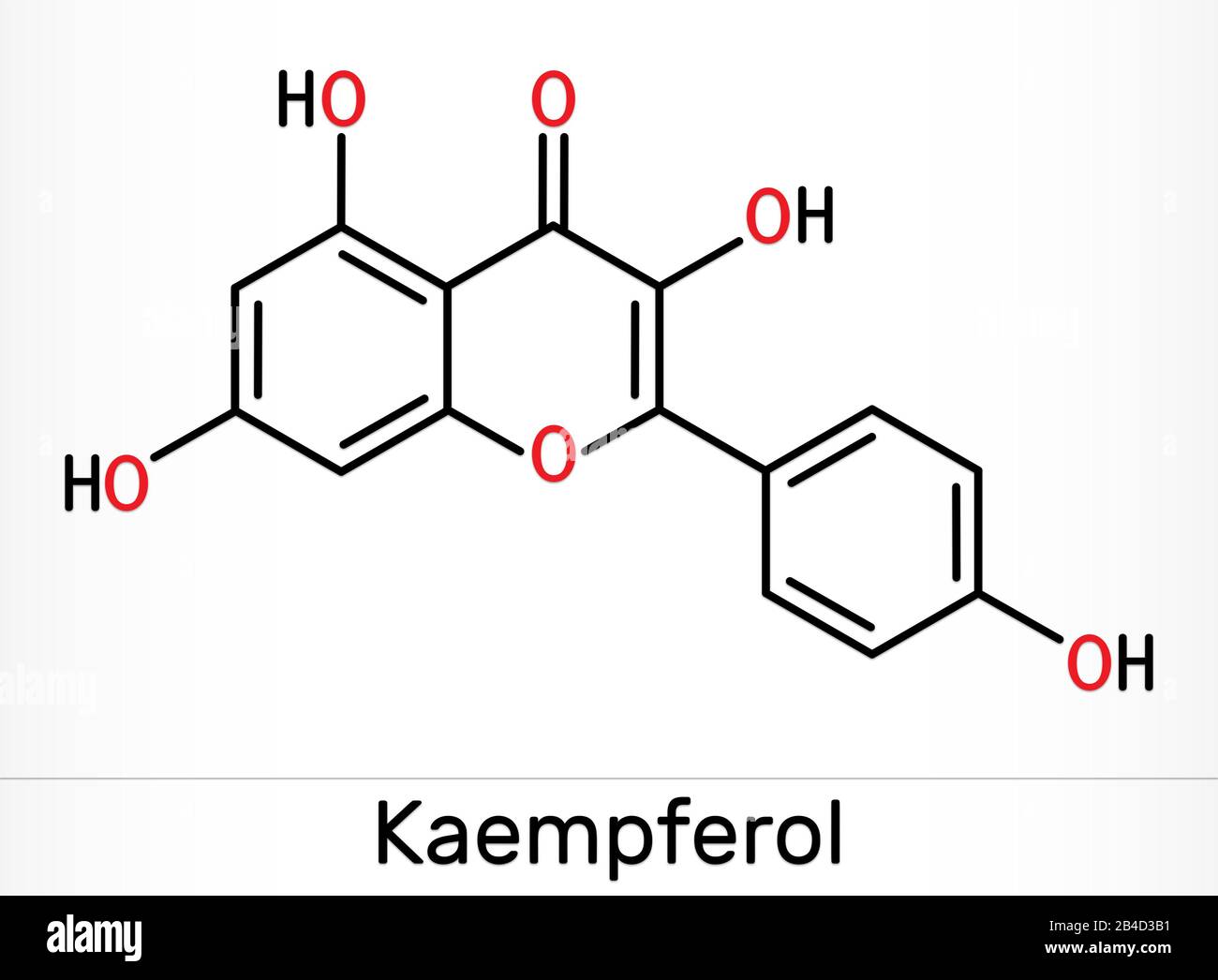 Kaempferol. Molécule C15H10O6. Il est antioxydant, flavonol naturel, type de flavonoïdes. Formule chimique du squelette. Illustration Banque D'Images