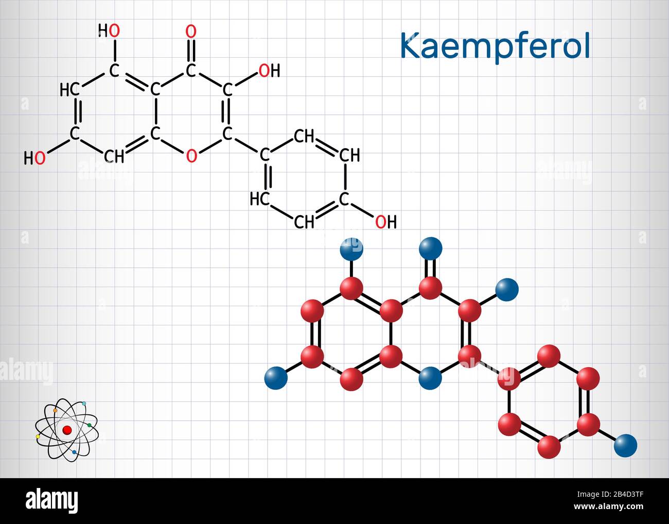 Kaempferol. Molécule C15H10O6. Il est antioxydant, flavonol naturel, type de flavonoïdes. Formule chimique structurelle et modèle de molécule. Feuille de papier Illustration de Vecteur