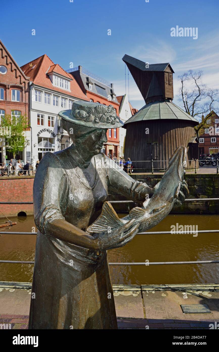 Europe, Allemagne, Basse-Saxe, Stade, Hambourg zone métropolitaine, Hanseatic City, Hansehafen, vue sur le marché du poisson, grue en bois, poissonnier en plastique bronze, Banque D'Images