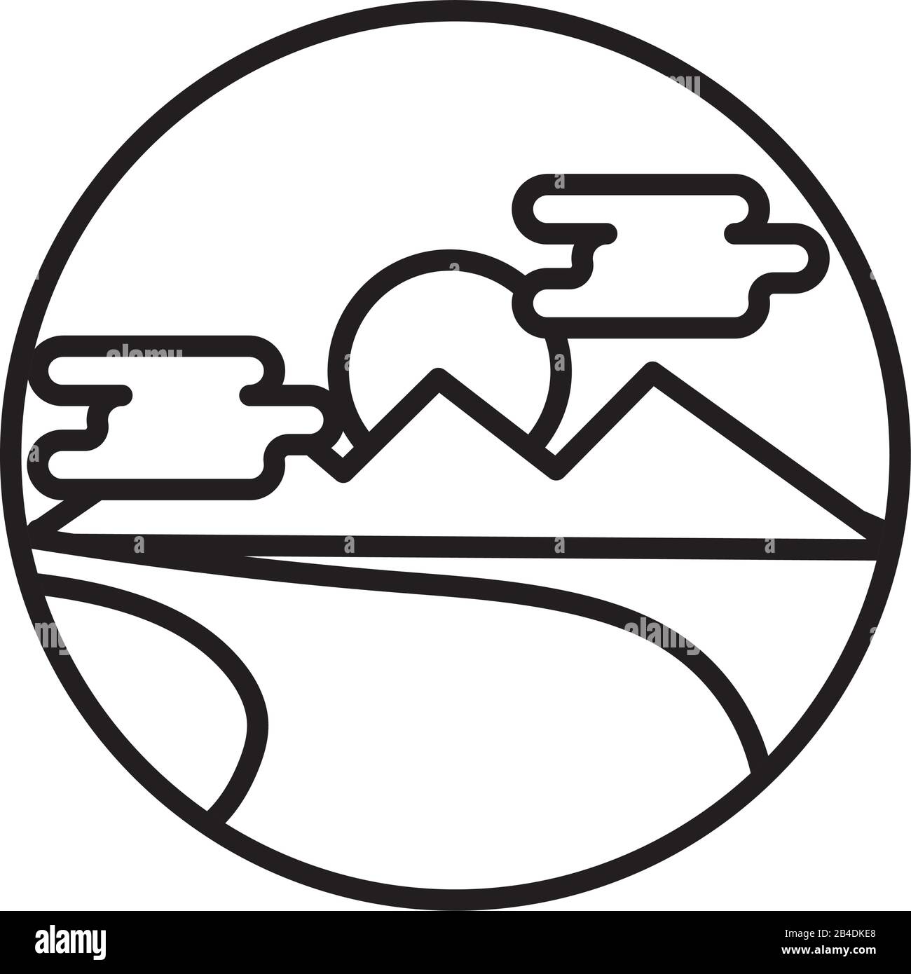 paysage scène avec montagnes et icône de style de ligne de rivière Illustration de Vecteur