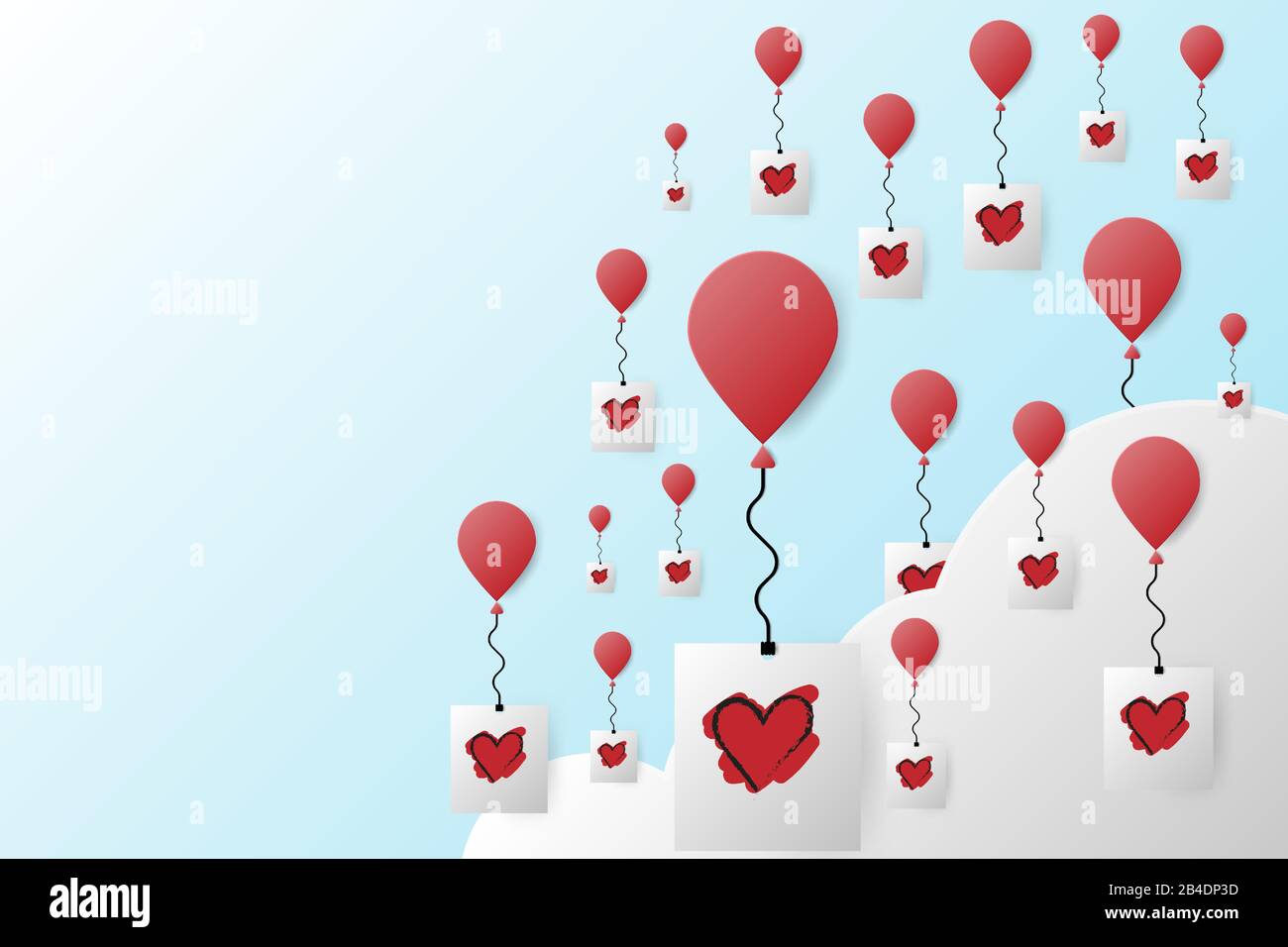 Un groupe de montgolfières rouges et de gribouillis de coeur dessinés à la main flottent au-dessus du nuage. Illustration vectorielle de l'art du papier. Illustration de Vecteur