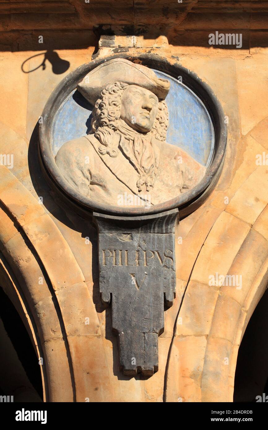 Médaillon du roi Philippe V. à la Plaza Mayor, Salamanque, Castille et Leon, Espagne, Europe Banque D'Images