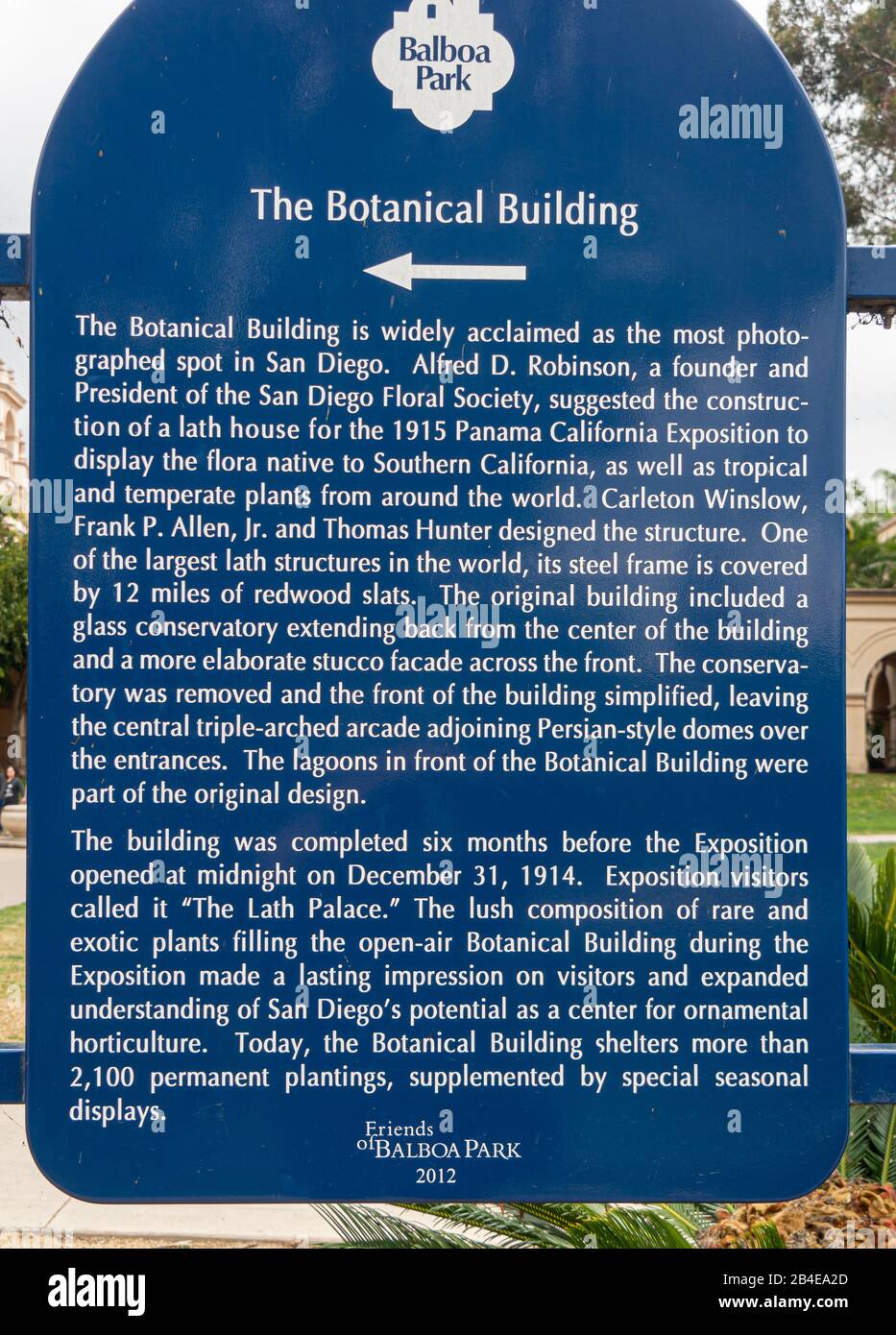 Balboa Park, San Diego, Californie du Sud, Côte Ouest, États-Unis, États-Unis: Informations et histoire pour Le bâtiment botanique de Balboa Park. Banque D'Images