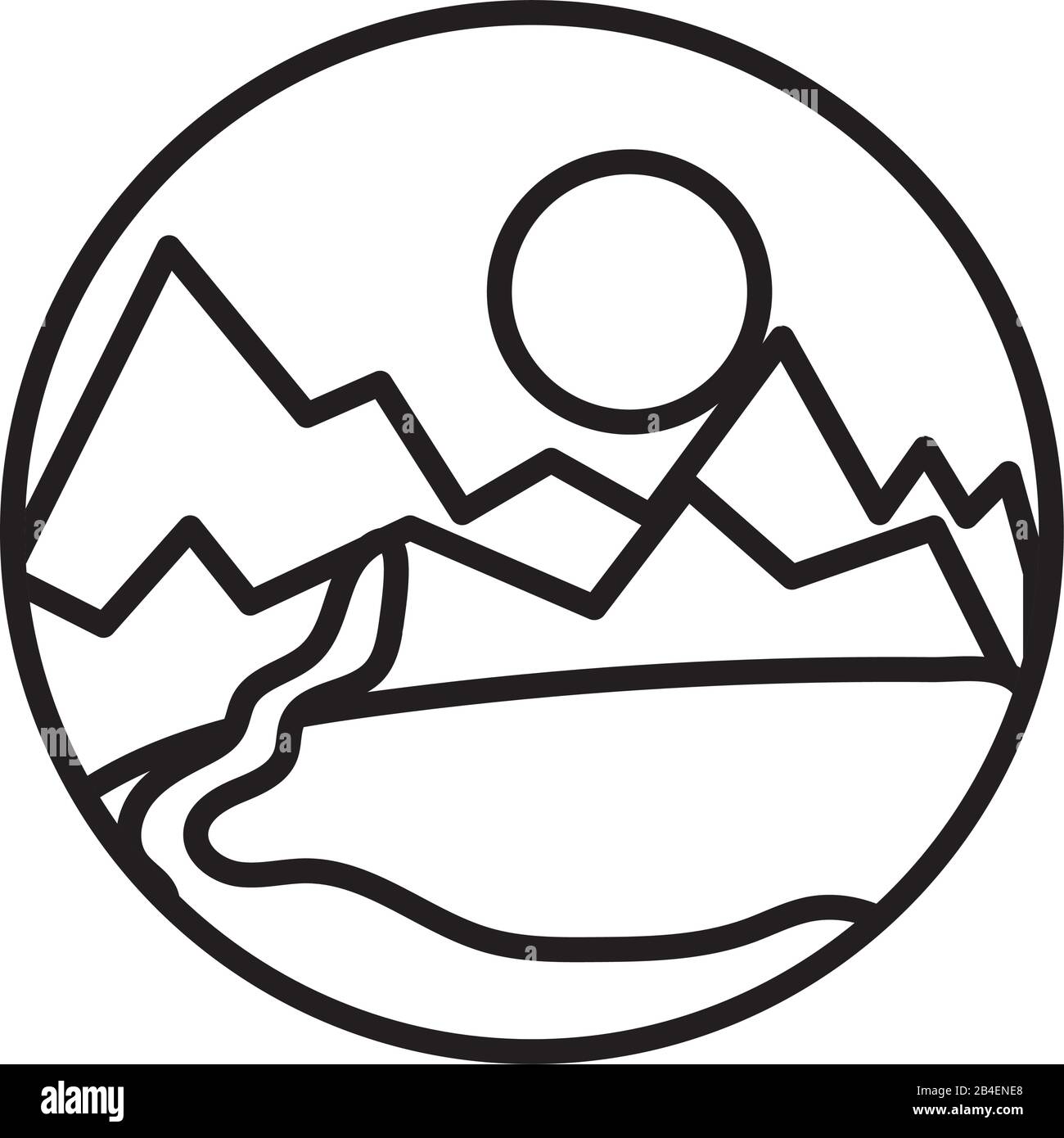 paysage scène avec montagnes et icône de style de ligne de rivière Illustration de Vecteur