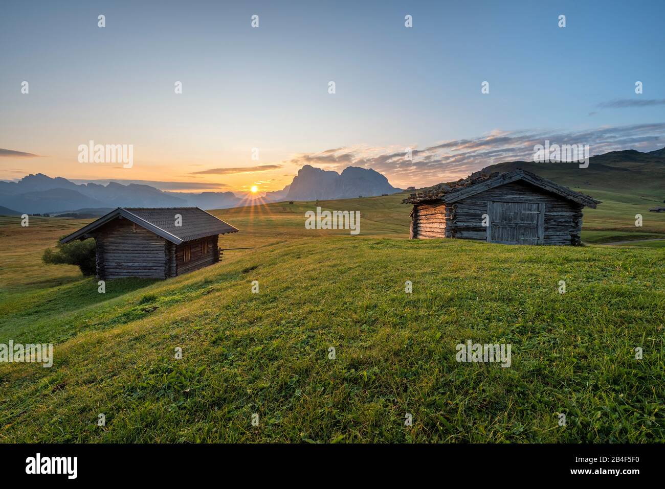 Seiser Alm, Kastelruth, Südtirol, Provin Bozen, Italie. Sonnenaufgang auf der Seiser Alm, im Hintergrund der Langkofel Banque D'Images