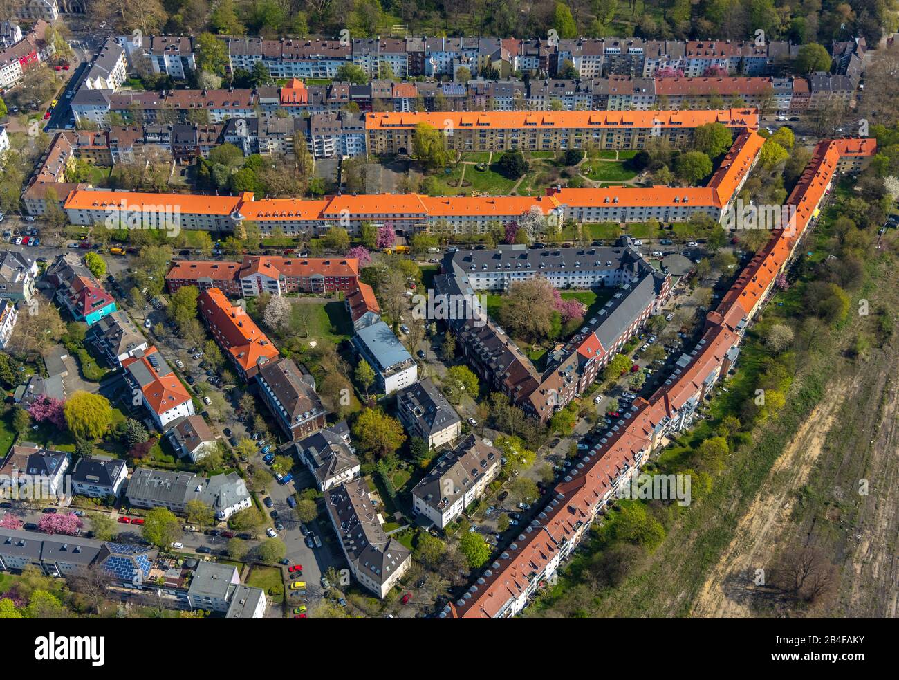 Vue aérienne du développement résidentiel Kronprinzenstrasse, Im Grubenfeld, location de maisons avec de nouveaux toits rouges à l'Ostfriedhof de Dortmund dans la région de la Ruhr dans l'état fédéral de Rhénanie-du-Nord-Westphalie, Allemagne. Banque D'Images