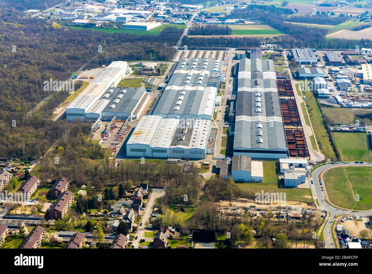 Vue aérienne du constructeur d'éoliennes Winergy à Voerde, Ruhrgebiet, Rhénanie-du-Nord-Westphalie, Allemagne. Le plus grand fabricant mondial de transmissions pour turbines éoliennes et fait partie du groupe Siemens. Banque D'Images