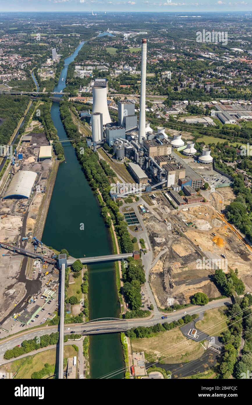 Vue aérienne des travaux de construction de la centrale à gaz et à vapeur (CCGT) de STEAG CHP Herne, Hertener Strasse, centrale à charbon STEAG à Baukau à Herne, Ruhrgebiet, Rhénanie-du-Nord-Westphalie, Allemagne Banque D'Images