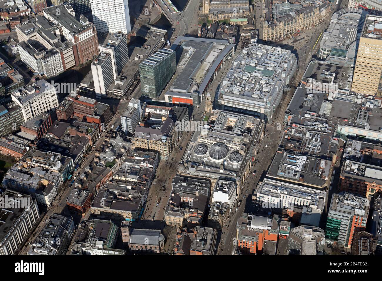 Vue aérienne de l'extrémité nord-est de la région entre Deansgate et Cross Street, Manchester Banque D'Images