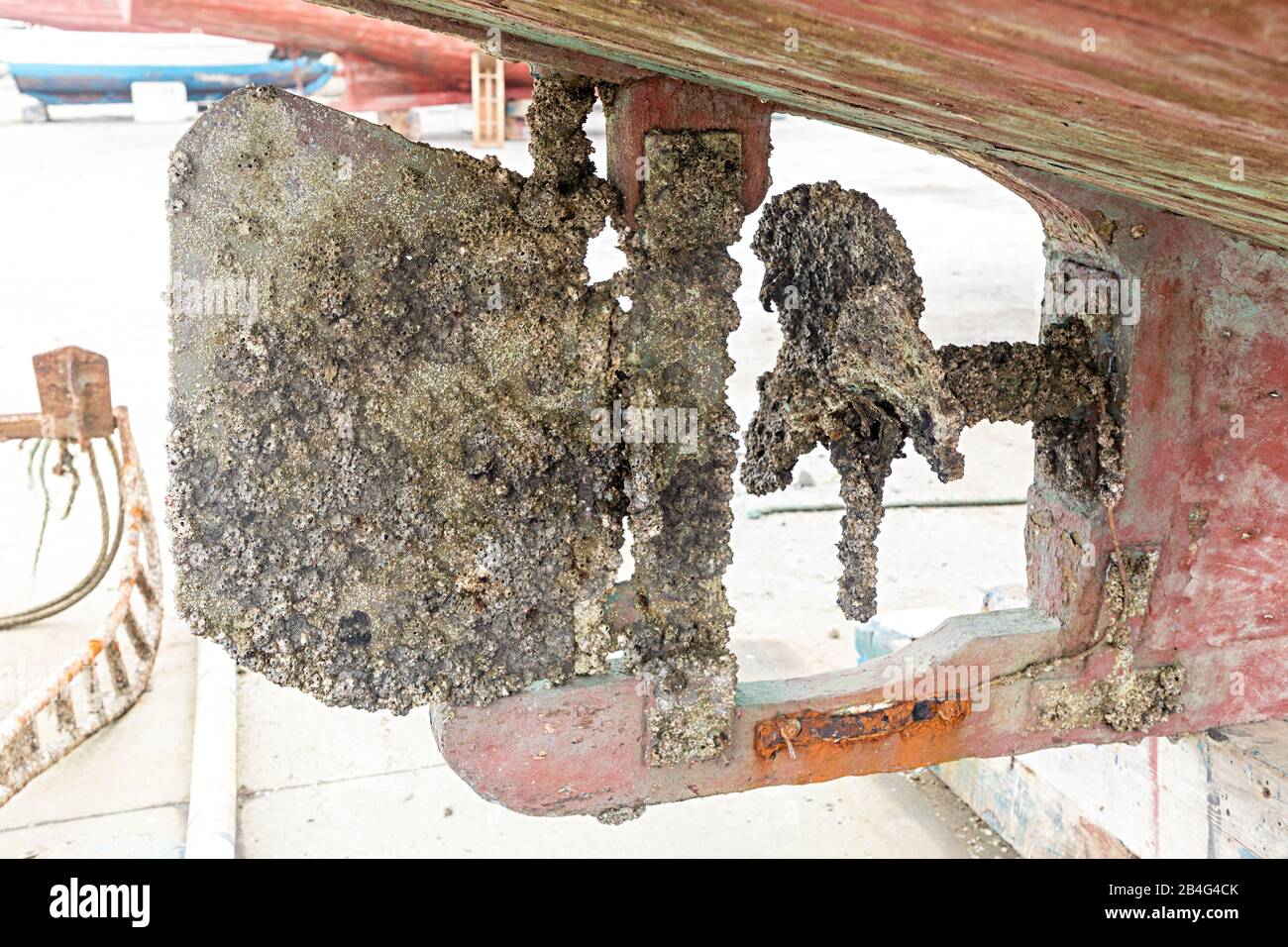 Les barnacles qui poussent sur la barre et l'hélice du bateau de pêche, la Linea de la Concepcion, Espagne Banque D'Images