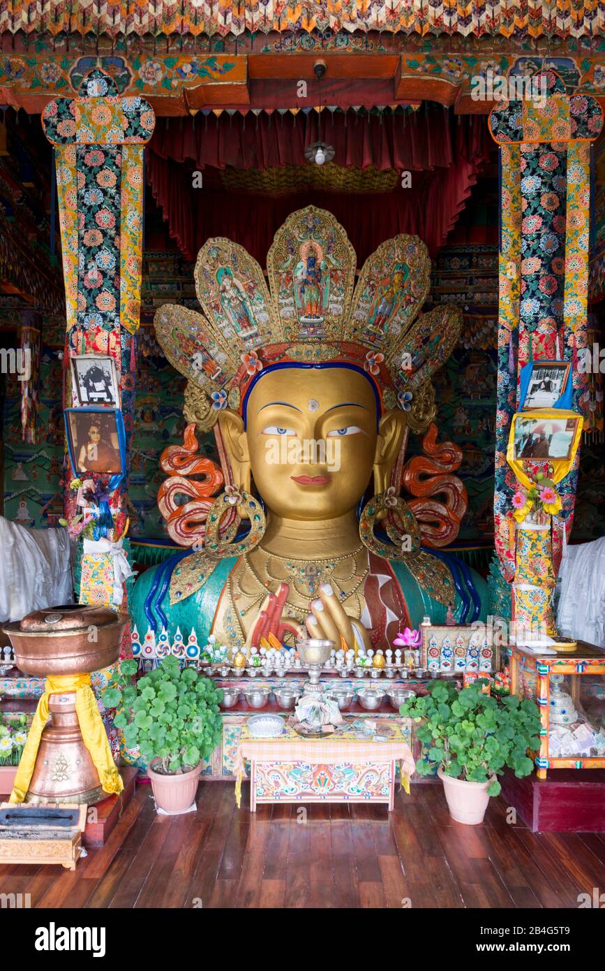 Statue de Bouddha, Maitreya, monastère de Tikse Yellowstone, Ladakh, jammu-et-Cachemire, Himalaya indien, Inde, Asie Banque D'Images