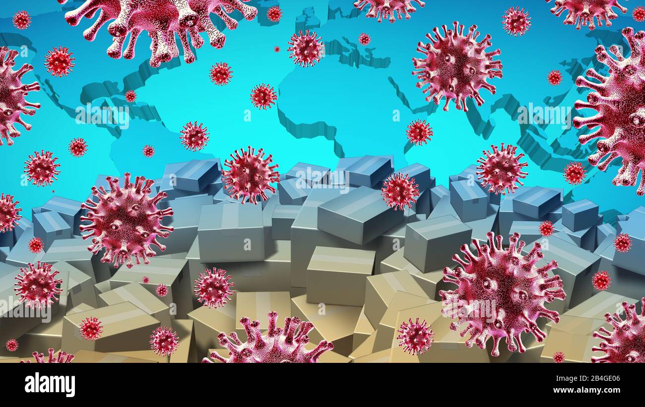 Les maladies des navires et les germes des colis de livraison comme boîtes en carton fermées avec des cellules virales représentant le concept de santé et d'hygiène. Banque D'Images