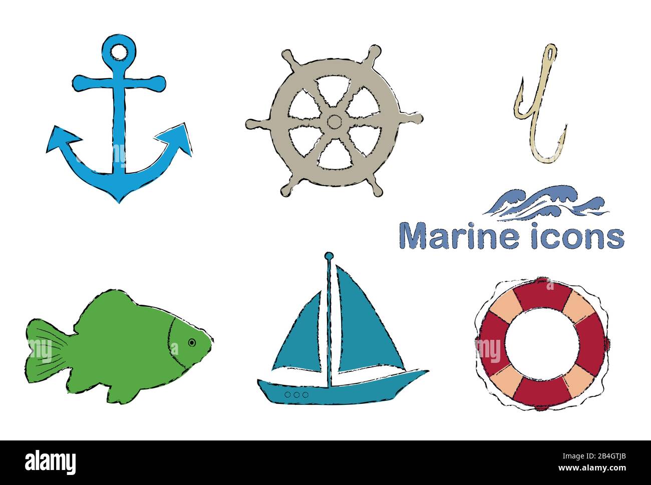 Motif nautique, icônes de couleur de dessin de craie, isolé sur fond blanc, ancre, carpe, barre, voilier, bouée de sauvetage, crochet, vecteur Illustration de Vecteur