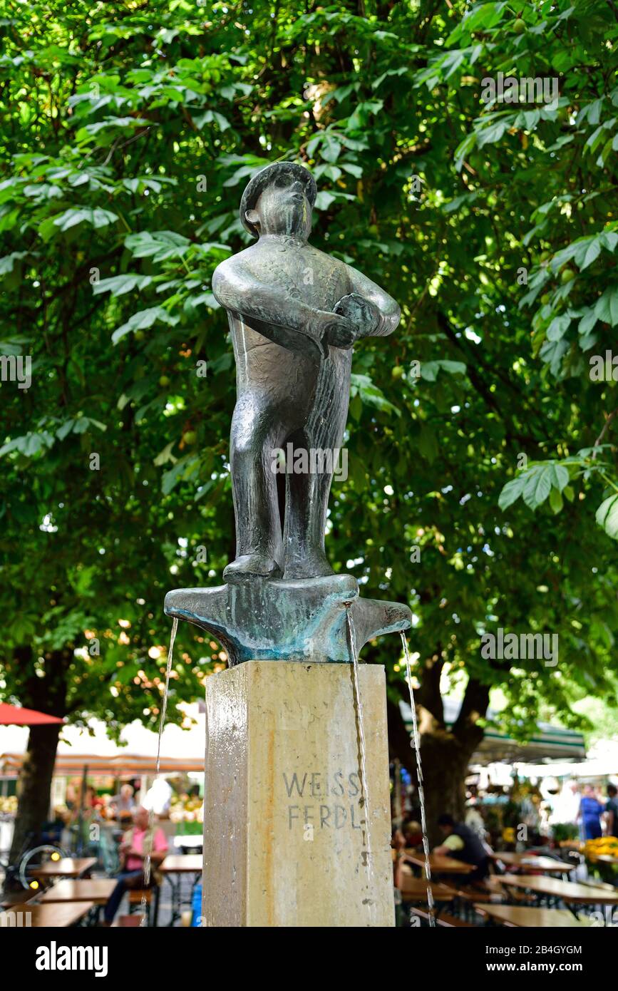 Europe, Allemagne, Bavière, capitale Munich, Viktualienmarkt, monument, sculpture en bronze, fontaine, Weiss Ferdl, Volksschauspieler, Banque D'Images