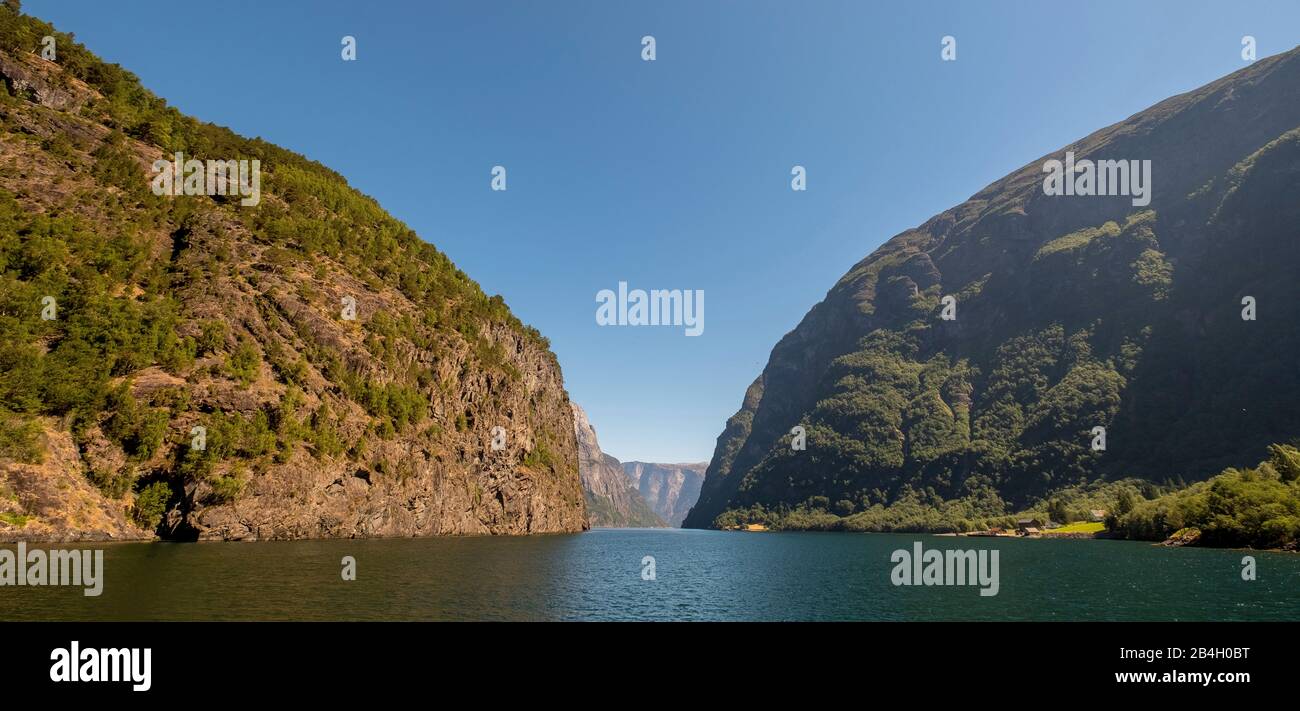 Fjord, Nærøyfjord, parois rocheuses, montagnes, ciel bleu, Styvi, Sogn og Fjordane, Norvège, Scandinavie, Europe Banque D'Images