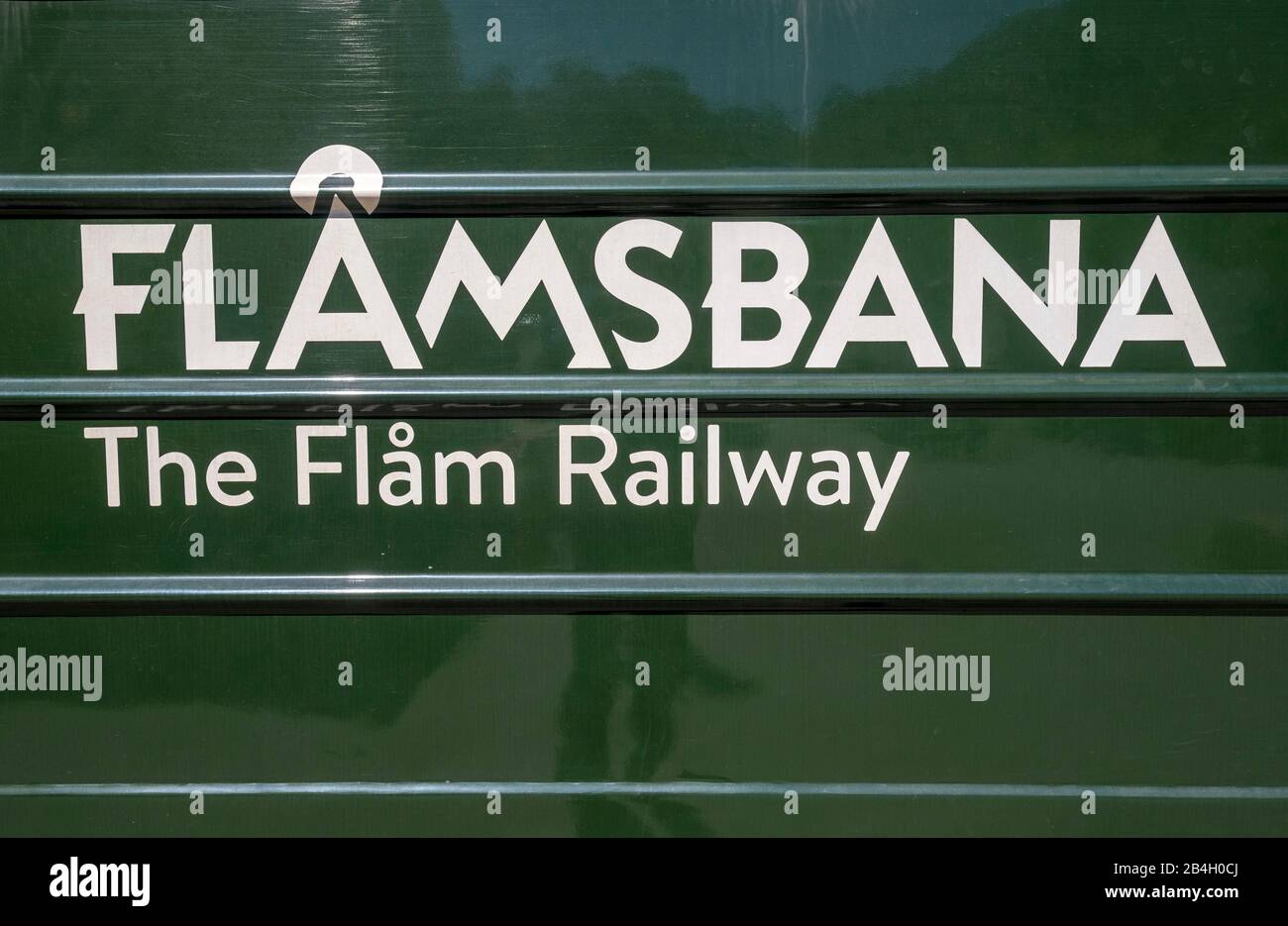 Voyage avec la Flambahn, Eisenbahreise, train vert avec lettrage blanc Fåmsbana, Le chemin de fer Flam, Sogn og Fjordane, Norvège, Scandinavie, Europe Banque D'Images