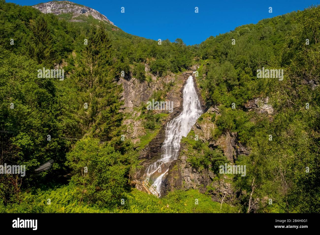 Promenade en train avec la Flallbahn, prés, arbres, cascade, montagnes, ciel bleu, Skulestadmo, Hordaland, Norvège, Scandinavie, Europe Banque D'Images