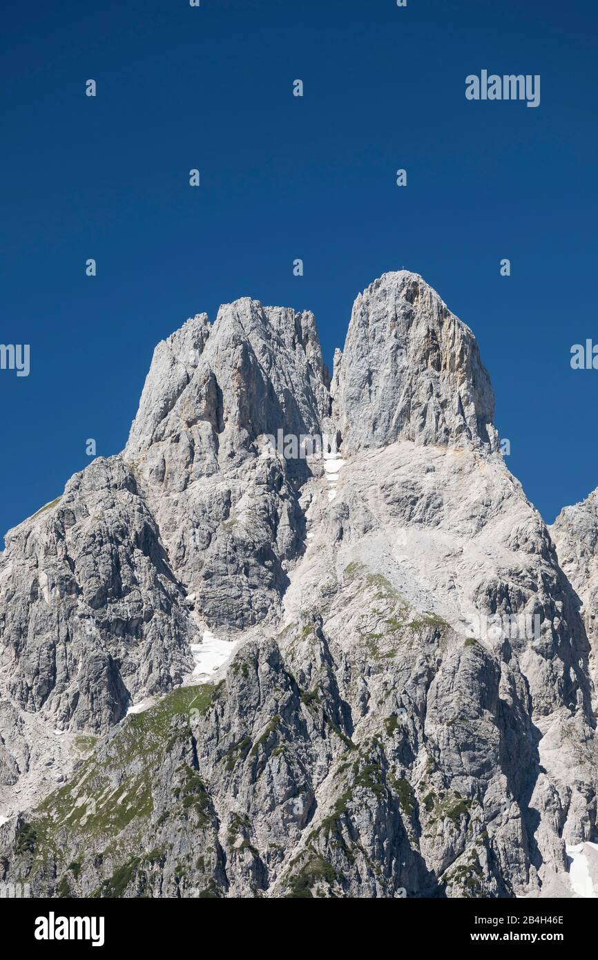 Blick vom Fuß des Rötelstein oberhalb von Filzmoos zur Kleinen und Großen Bischofsmütze (2458 m), Gosaukamm, DachsteinMasv, Land Salzburg, Österreich Banque D'Images