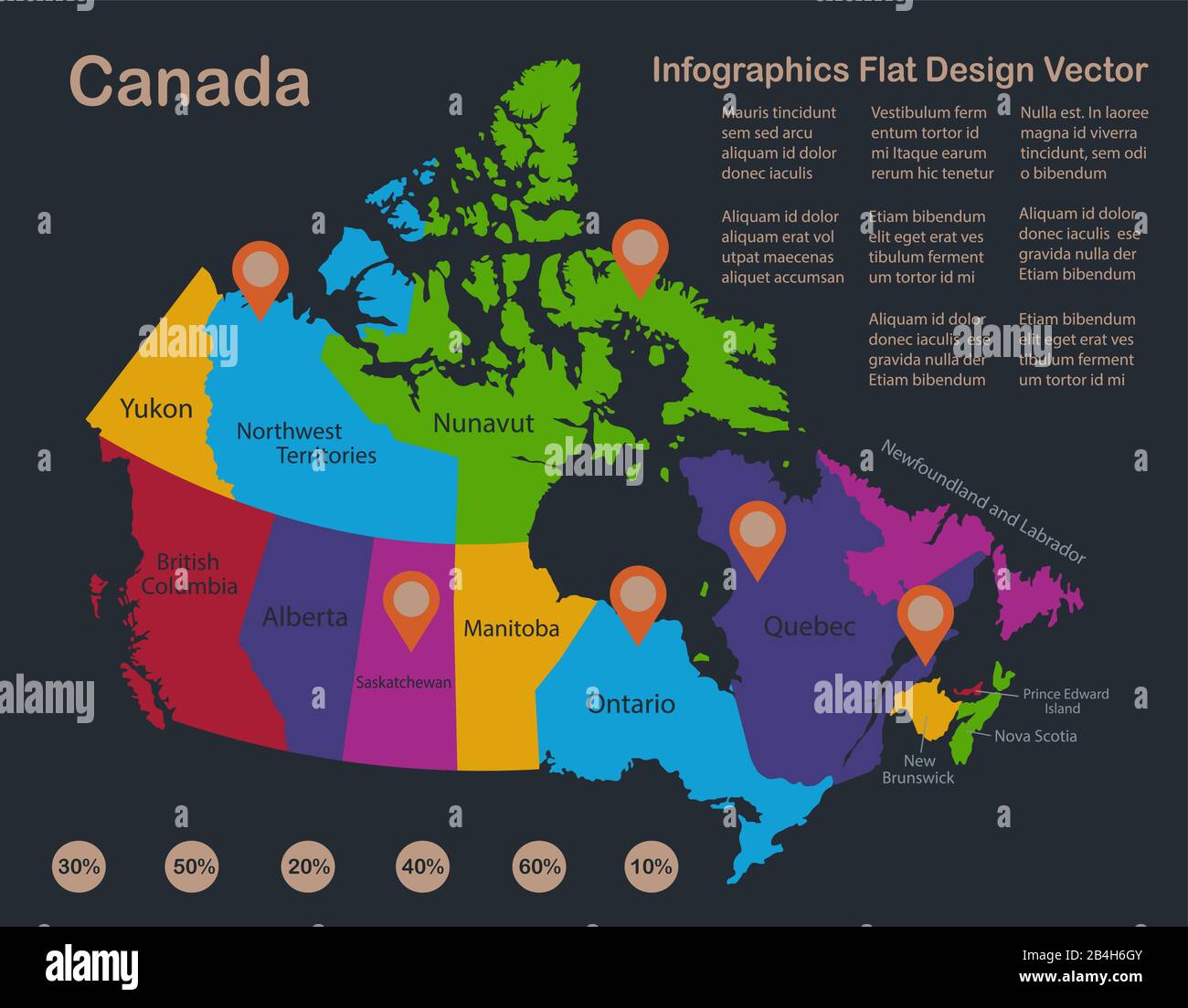 Infographies carte du Canada, couleurs de conception plate, avec noms d'états et d'îles individuels, fond bleu avec vecteur de points orange Illustration de Vecteur