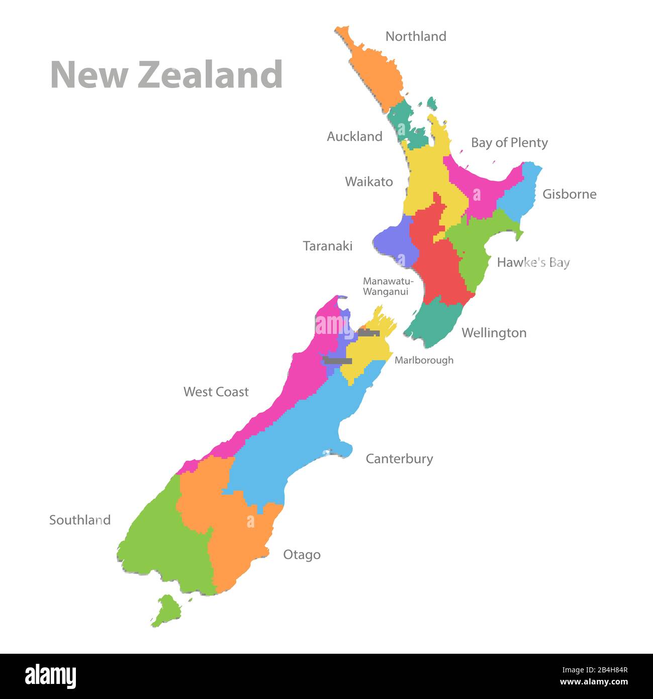 Carte de la Nouvelle-Zélande, division administrative avec noms, carte des couleurs isolée sur fond blanc vectoriel Illustration de Vecteur