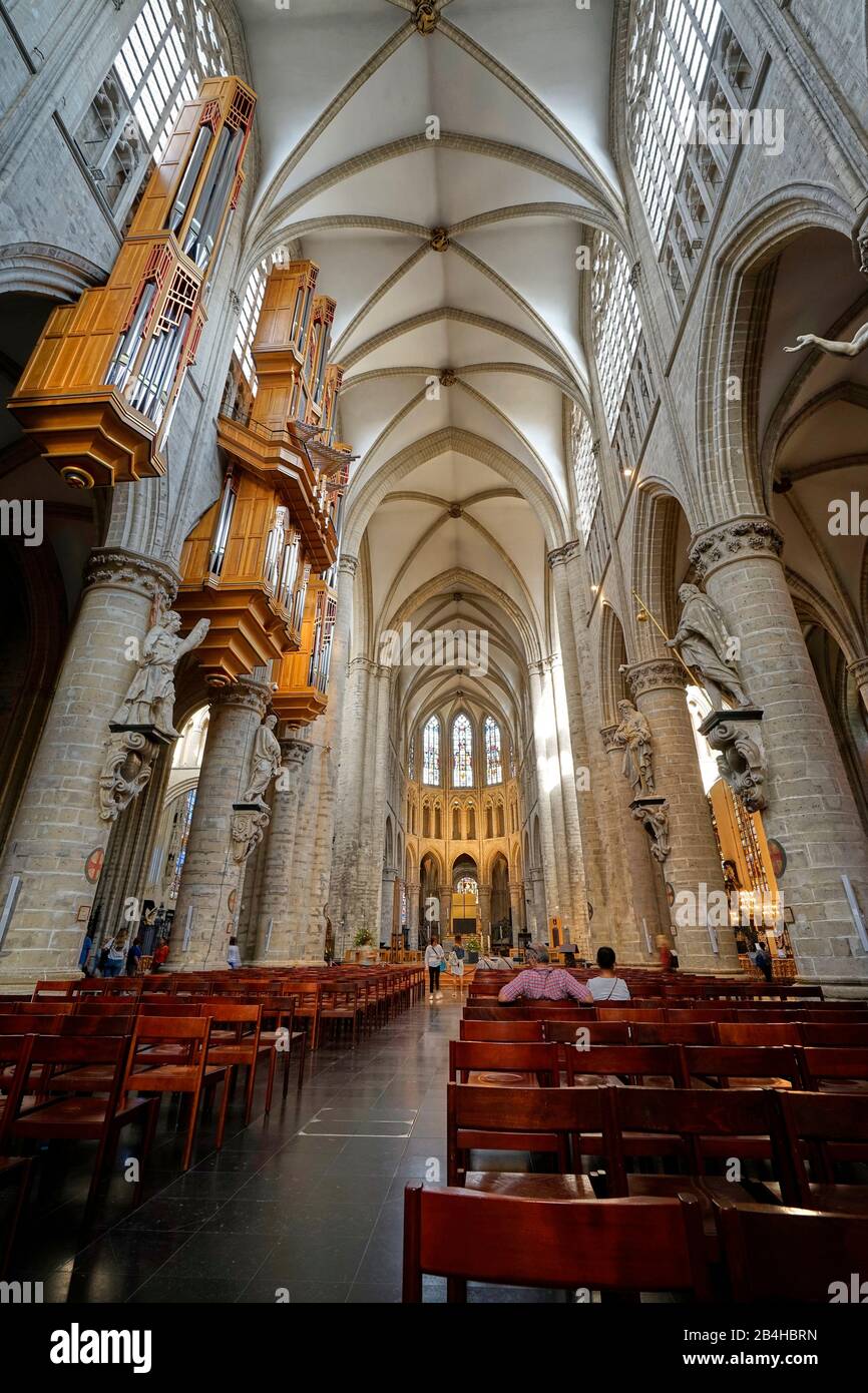 Europe, Belgique, Bruxelles, cathédrale Saint-Michel et Saint-Gudula, intérieur, orgue d'église, nef d'église Banque D'Images