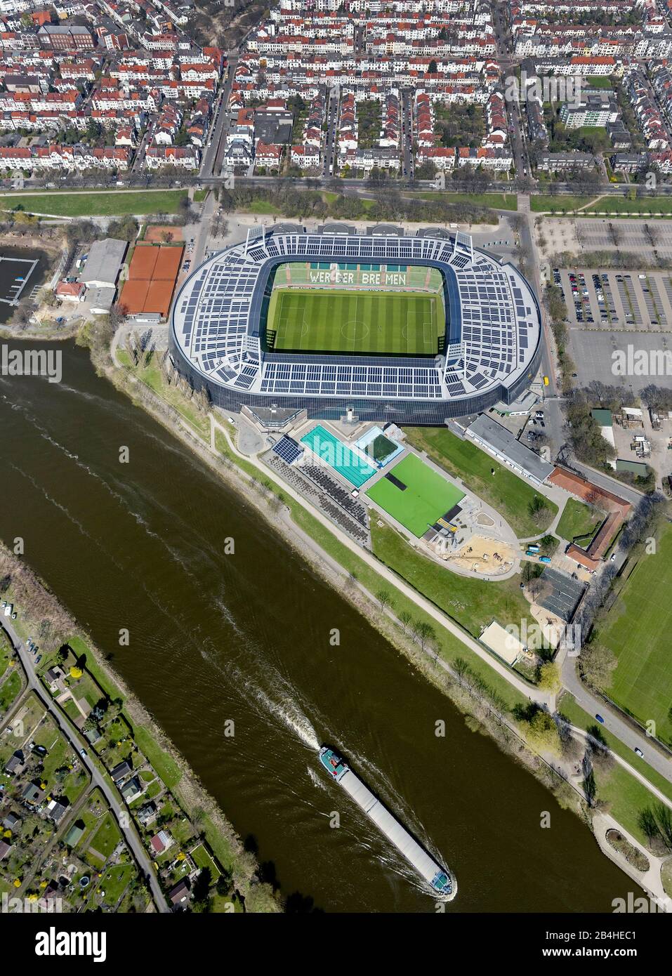 , Stade Weser au Weser River Weser, 22.04.2013, vue aérienne, Allemagne, Basse-Saxe, Brunswick Banque D'Images