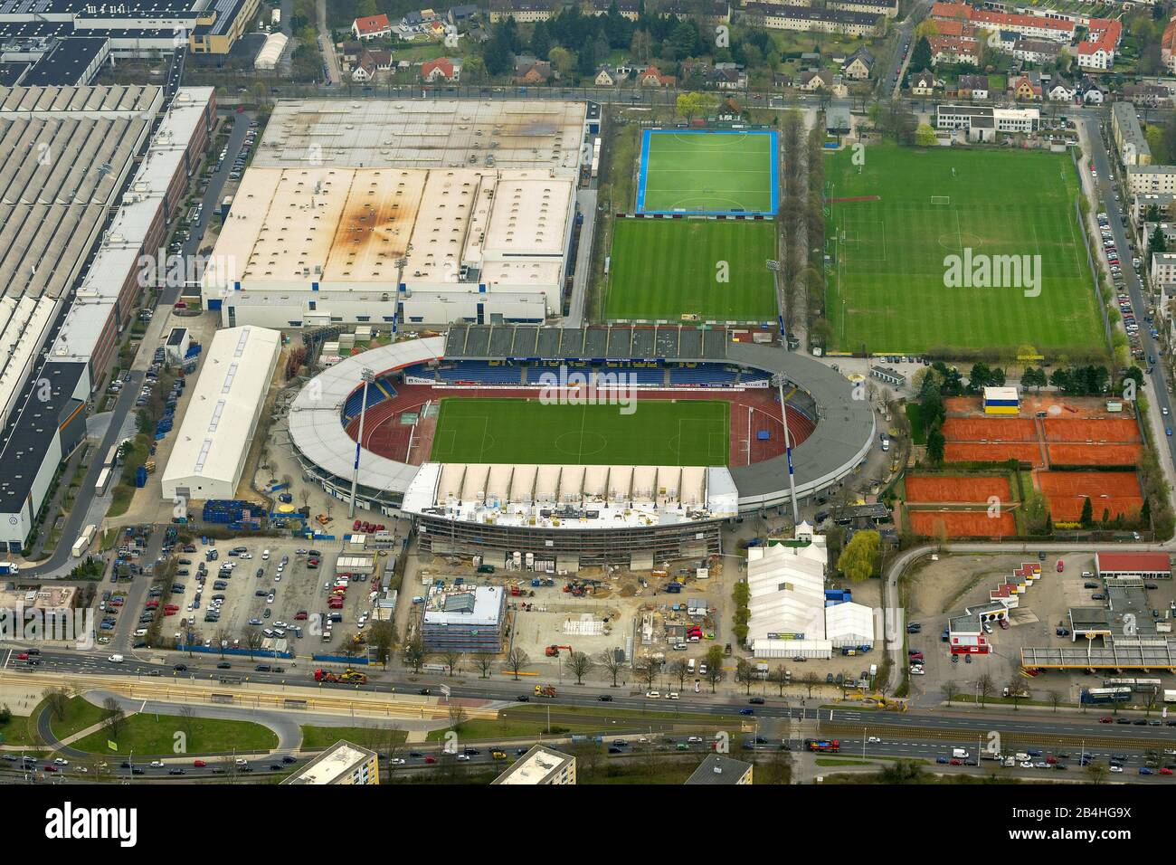 , Eintracht-Stadion Braunschweig, reconstruction du grand stand, 22.04.2013, vue aérienne, Allemagne, Basse-Saxe, Brunswick Banque D'Images