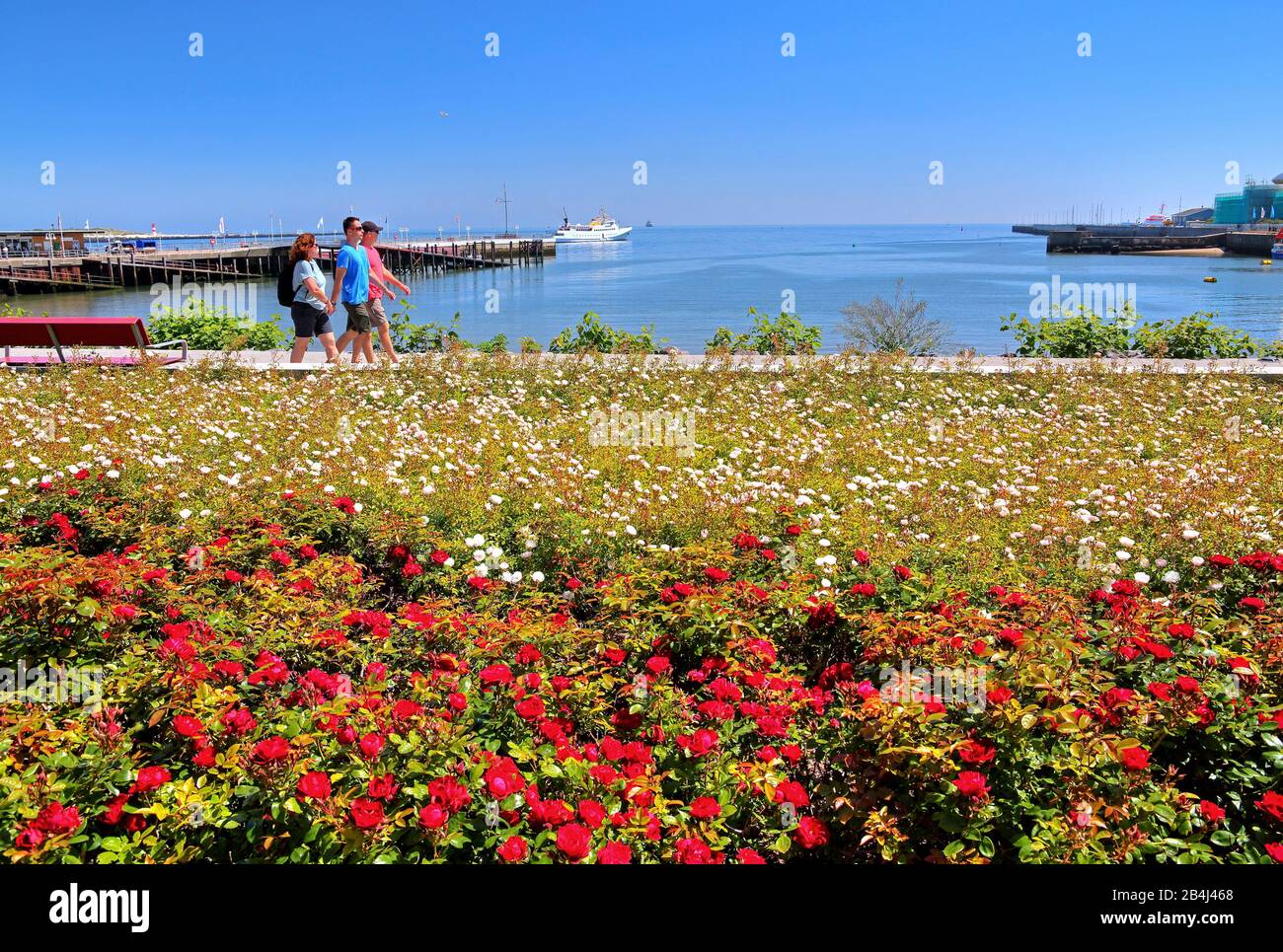 Promenade à la plage sud avec Rosenrabatten et bateau de bain de mer sur la route, Helgoland, baie Helgoländer, baie allemande, île de la mer du Nord, Mer du Nord, Schleswig-Holstein, Allemagne Banque D'Images