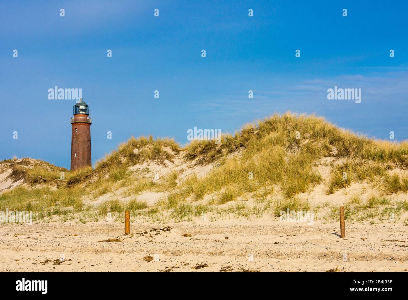 Mer Baltique, Parc National Vorpommersche Boddenlandschaft, Naturum Darsser Ort, dune avec barrière, phare Banque D'Images