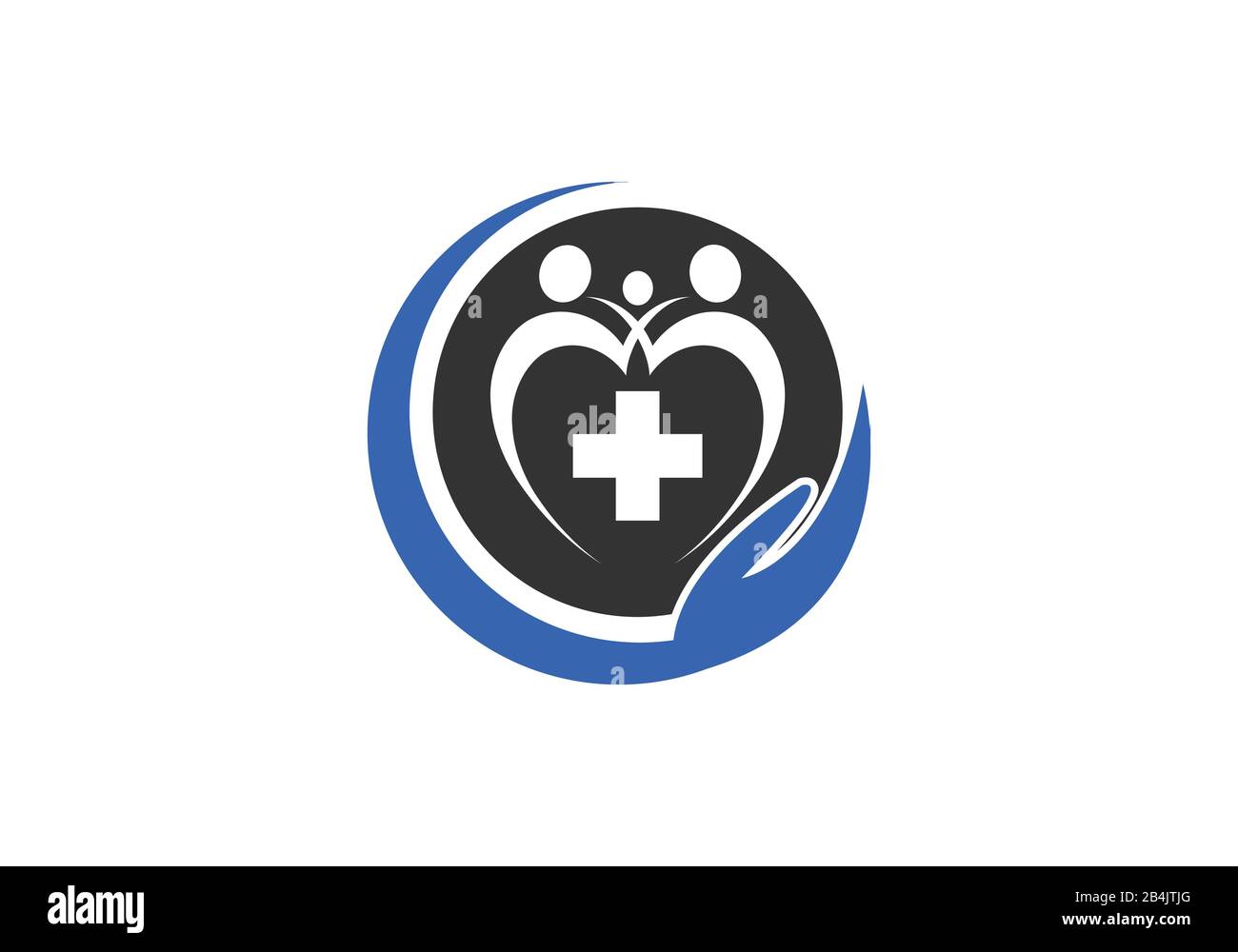 Icône du logo croisé médical de soins de santé familiaux avec symbole de main sur fond blanc. Illustration de Vecteur