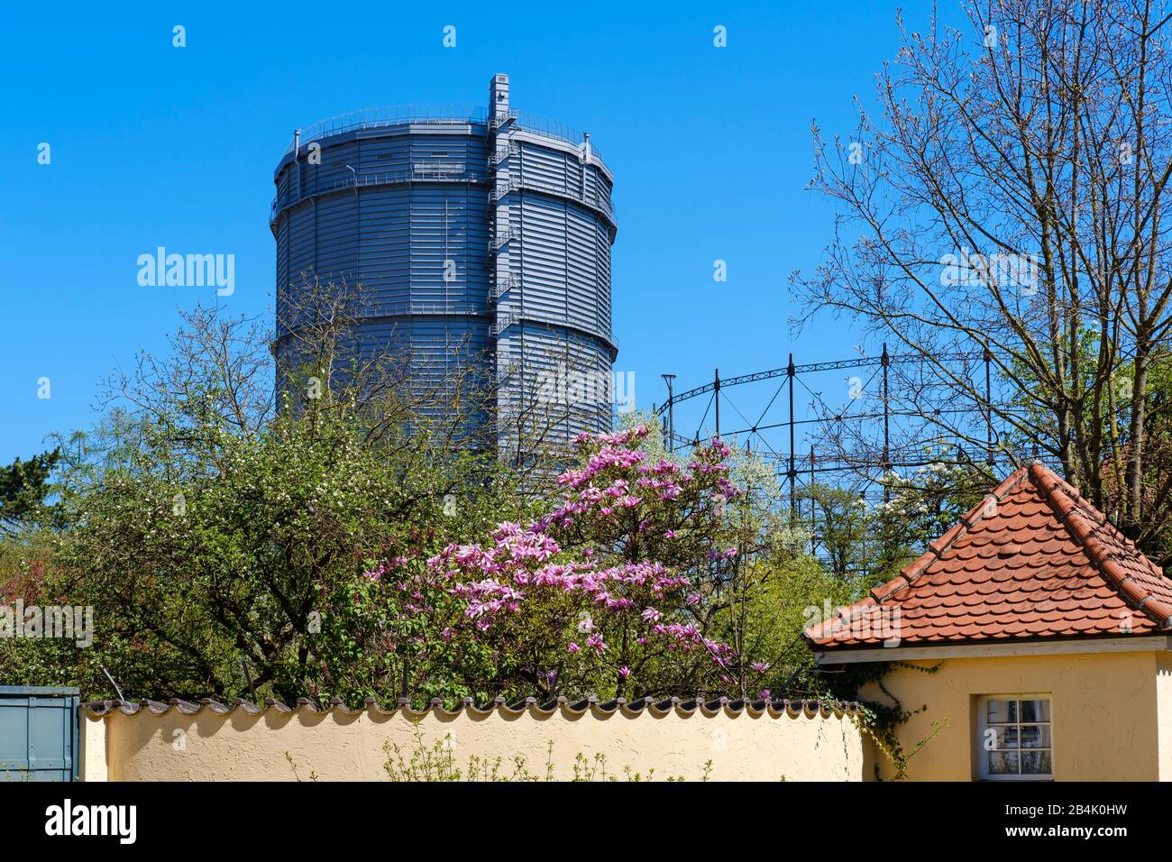Réservoir de gaz, usine de gaz Augsburg, Augsburg-Oberhausen, Swabia, Bavière, Allemagne Banque D'Images